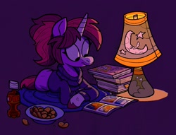 Size: 2081x1588 | Tagged: safe, artist:jimmyjamno1, imported from derpibooru, oc, oc only, pony, unicorn, chips, clothes, comic book, commission, crossed hooves, desk lamp, food, lamp, lying down, prone, purple background, reading, simple background, soda, solo, turtleneck