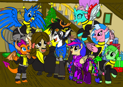 Size: 1024x724 | Tagged: safe, artist:jmkplover, artist:spiders123, imported from derpibooru, gallus, ocellus, sandbar, silverstream, smolder, yona, oc, oc:mayday, oc:mayday parker sparkle, oc:ullr, deer, deer pony, original species, reindeer, antlers, christmas, christmas tree, hearth's warming, holiday, marvel, present, reindeer antlers, spiders and magic: rise of spider-mane, stag, student six, tree, x-men