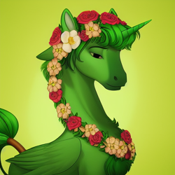 Size: 512x512 | Tagged: safe, generator:ponydiffusion_v4, imported from derpibooru, oc, oc:prince gaius evergreen, alicorn, ai artifact, ai content, ai generated, chest fluff, flower, flower in hair, generator:stable diffusion, gradient background, green fur, green mane, long neck, male, neck fluff, prompter:downunda thunda, simple background, solo, story included, tail, tail wrap