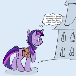 Size: 1172x1180 | Tagged: safe, artist:onionpwder, imported from derpibooru, twilight sparkle, pony, unicorn, bag, butt, female, frown, mare, nervous sweat, plot, saddle bag, solo, straight, sweat, unicorn twilight