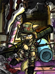 Size: 1600x2133 | Tagged: safe, artist:china consists of them!, imported from derpibooru, applejack, earth pony, assault rifle, boots, clothes, female, gun, helmet, m16, mare, military uniform, rifle, rocket launcher, shoes, uniform, weapon
