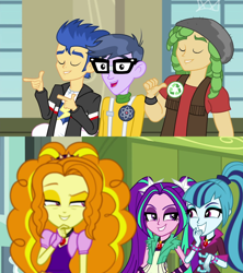 Size: 1280x1440 | Tagged: safe, edit, edited screencap, imported from derpibooru, screencap, adagio dazzle, aria blaze, flash sentry, microchips, sandalwood, sonata dusk, human, a banner day, equestria girls, rainbow rocks, ariachips, female, flashagio, gem, glasses, hat, male, sandata, shipping, shipping domino, siren gem, straight, the dazzlings