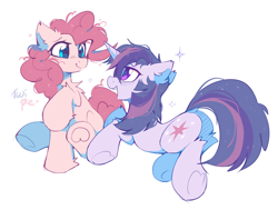 Size: 2100x1584 | Tagged: safe, artist:mirtash, imported from derpibooru, pinkie pie, twilight sparkle, earth pony, pony, unicorn, butt, dock, duo, duo female, female, lesbian, looking at each other, looking at someone, mare, open mouth, open smile, plot, raised hoof, shipping, simple background, smiling, smiling at each other, tail, twinkie, underhoof, unicorn twilight, white background