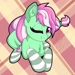 Size: 3312x3312 | Tagged: safe, artist:gleamydreams, imported from derpibooru, minty, earth pony, pony, abstract background, clothes, cute, female, g3, high res, looking at you, lying down, mare, one eye closed, prone, signature, smiling, smiling at you, socks, solo, striped socks, wink, winking at you