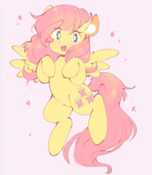 Size: 1031x1184 | Tagged: safe, artist:horseyuris, imported from derpibooru, fluttershy, pegasus, pony, blush sticker, blushing, cute, ear fluff, female, hooves to the chest, looking at you, mare, open mouth, open smile, shyabetes, simple background, smiling, solo, sparkles, spread wings, wings