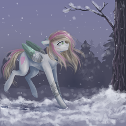 Size: 800x800 | Tagged: safe, artist:alicesmitt31, imported from derpibooru, oc, oc only, pegasus, pony, bandage, bandaged leg, colored wings, facial markings, female, mare, multicolored wings, pegasus oc, snow, snowfall, solo, tree, wings