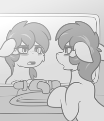 Size: 1280x1493 | Tagged: safe, artist:whitepone, imported from derpibooru, oc, oc only, earth pony, earth pony oc, grayscale, mirror, monochrome, sink, solo
