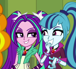 Size: 654x599 | Tagged: safe, edit, edited screencap, imported from derpibooru, screencap, aria blaze, sonata dusk, human, equestria girls, rainbow rocks, duo focus, gem, looking at each other, looking at someone, siren gem, smiling, smiling at each other