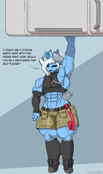 Size: 859x1449 | Tagged: safe, artist:mopyr, imported from derpibooru, oc, oc only, oc:moosin, anthro, original species, abs, black sclera, clothes, femboy, gloves, horn, lifting, long gloves, looking at you, male, muscles, muscular femboy, muscular male, refrigerator, skintight clothes, solo, strong, talking to viewer, wide hips