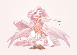 Size: 2916x2089 | Tagged: safe, artist:ziliya, imported from derpibooru, oc, oc only, pegasus, pony, armor, blood, female, pegasus oc, pink background, simple background, spread wings, sword, weapon, wings
