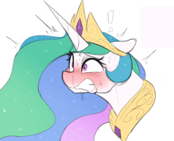 Size: 660x532 | Tagged: safe, artist:welost, imported from derpibooru, princess celestia, alicorn, pony, blushing, blushing profusely, bust, crown, exclamation point, female, gritted teeth, jewelry, mare, peytral, portrait, regalia, simple background, solo, sweat, sweatdrop, teeth, white background