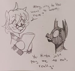 Size: 2048x1935 | Tagged: safe, artist:pony quarantine, imported from derpibooru, oc, oc only, oc:red the prostitute, changeling, earth pony, pony, changeling oc, dialogue, duo, female, glasses, grayscale, mare, monochrome, pencil drawing, traditional art