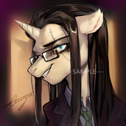 Size: 780x780 | Tagged: safe, artist:ciciya, imported from derpibooru, oc, oc only, unicorn, clothes, glasses, horn, necktie, scar, solo, stitches, suit, unicorn oc, watermark