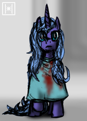 Size: 1500x2100 | Tagged: safe, artist:haribunawa, imported from derpibooru, princess luna, pony, ambiguous race, blood, dishevelled, eye clipping through hair, fanart, luna 073, pun, s1 luna, teenage luna, teenager, the silent sea