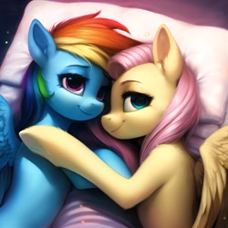 Size: 2560x2560 | Tagged: safe, imported from derpibooru, fluttershy, rainbow dash, pegasus, pony, ai content, ai generated, bed, cuddling, cute, duo, duo female, female, flutterdash, generator:novelai, generator:stable diffusion, happy, high res, indoors, lesbian, looking at you, lying down, mare, on side, pillow, prompter:endless--, shipping, smiling, smiling at you, snuggling, wings