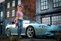 Size: 2076x1388 | Tagged: safe, artist:retro0range, imported from derpibooru, scootaloo, anthro, plantigrade anthro, 3d, blender, blender cycles, car, clothes, ferrari, solo, street