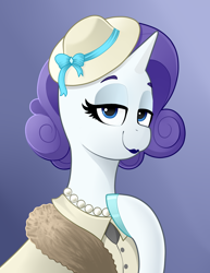 Size: 992x1288 | Tagged: safe, artist:waffletheheadmare, imported from derpibooru, rarity, bust, fur, gradient background, hat, jewelry, necklace, pearl necklace, portrait, smiling, solo