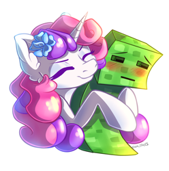 Size: 2060x2080 | Tagged: safe, artist:yuris, imported from derpibooru, sweetie belle, pony, unicorn, adult, alternate hairstyle, blushing, bust, creeper, creeper (minecraft), cute, duo, ears up, eyes closed, female, flower, flower in hair, hug, minecraft, portrait, simple background, smiling, white background