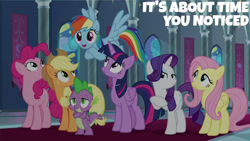 Size: 2000x1125 | Tagged: safe, edit, edited screencap, editor:quoterific, imported from derpibooru, screencap, applejack, fluttershy, pinkie pie, rainbow dash, rarity, spike, twilight sparkle, alicorn, dragon, the beginning of the end, mane six, twilight sparkle (alicorn), winged spike, wings