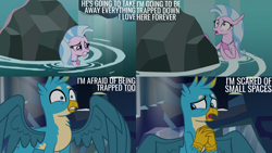 Size: 2000x1125 | Tagged: safe, edit, edited screencap, editor:quoterific, imported from derpibooru, screencap, gallus, silverstream, classical hippogriff, griffon, hippogriff, seapony (g4), what lies beneath, claustrophobia, implied claustrophobia, water