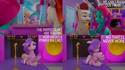 Size: 2000x1125 | Tagged: safe, edit, edited screencap, editor:quoterific, imported from derpibooru, screencap, pipp petals, earth pony, pegasus, pony, unicorn, spoiler:my little pony: make your mark, spoiler:my little pony: make your mark chapter 2, spoiler:myms01e01, female, g5, glory (g5), izzy does it, jazz has no ears, jazz hooves, jewelry, looking at each other, looking at someone, male, mare, my little pony: make your mark, my little pony: make your mark chapter 2, necklace, no ears, peach fizz, pippsqueak trio, quote, raised hoof, rocky riff, sash, seashell (g5), stallion, talking, tiara