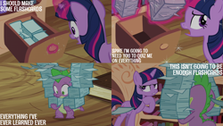 Size: 2000x1125 | Tagged: safe, edit, edited screencap, editor:quoterific, imported from derpibooru, screencap, spike, twilight sparkle, unicorn, the crystal empire, golden oaks library, unicorn twilight