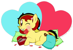 Size: 1821x1259 | Tagged: safe, artist:hazel bloons, derpibooru exclusive, imported from derpibooru, oc, oc only, oc:chocolate sweets, earth pony, pony, 2023, blushing, box of chocolates, chocolate, eyelashes, female, flower, flower in mouth, food, hairclip, heart, heart background, holiday, looking at you, lying down, mouth hold, multicolored mane, one eye closed, petals, pillow, red eyes, rose, rose petals, signature, simple background, solo, transparent background, valentine's day, wink, winking at you, yellow coat