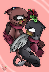 Size: 1465x2125 | Tagged: safe, artist:beesmeliss, imported from derpibooru, oc, oc only, oc:gershon, oc:gregory, griffon, chibi, male, mistletoe