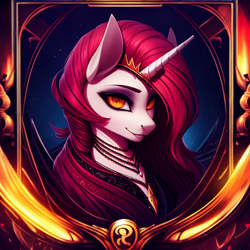 Size: 1024x1024 | Tagged: safe, editor:mr-bat, imported from derpibooru, daybreaker, alicorn, pony, ai content, ai generated, bust, clothes, generator:stable diffusion, golden eyes, horn, jewelry, looking at you, necklace, pony ears, portrait, red mane, smiling, smiling at you