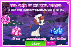 Size: 1958x1295 | Tagged: safe, imported from derpibooru, nurse neightingale, earth pony, pony, advertisement, clothes, costs real money, english, female, gameloft, gem, hat, mare, mobile game, my little pony: magic princess, numbers, official, sale, solo, text