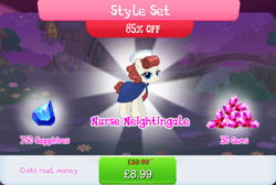 Size: 1266x853 | Tagged: safe, imported from derpibooru, nurse neightingale, earth pony, pony, bundle, clothes, costs real money, english, female, gameloft, gem, hat, mare, mobile game, my little pony: magic princess, numbers, official, sale, solo, text