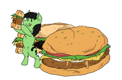 Size: 2593x1701 | Tagged: safe, artist:ponny, imported from derpibooru, oc, oc only, oc:filly anon, earth pony, pony, bipedal, burger, female, filly, foal, food, simple background, smol, solo, tiny, tiny ponies, tongue out, white background