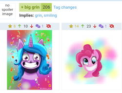 Size: 678x517 | Tagged: safe, artist:lightning-runner18, artist:seshirubonsebon, imported from derpibooru, screencap, izzy moonbow, pinkie pie, bat, earth pony, ghost, pony, undead, unicorn, derpibooru, abstract background, big grin, big smile, bust, candy, candy cane, cropped, derp, female, food, g5, gradient background, grin, halloween, halloween 2021, holiday, izzy and her heroine, jack-o-lantern, juxtaposition, lollipop, looking at you, mare, meta, pumpkin, smiling, smiling at you, tags