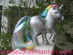 Size: 2816x2112 | Tagged: safe, artist:noelle23, imported from derpibooru, photographer:noelle23, pony, robot, robot pony, unicorn, customized toy, g1, horn, irl, outdoors, photo, ponified, raised hoof, robot unicorn attack, solo, tail, tail wrap, toy, tree branch