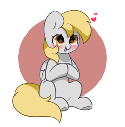 Size: 2592x2641 | Tagged: safe, artist:kittyrosie, imported from derpibooru, derpy hooves, pegasus, pony, blushing, cute, heart, high res, hooves together, open mouth, simple background, sitting, solo, white background