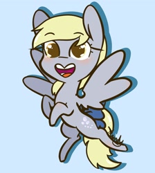 Size: 2364x2644 | Tagged: safe, artist:lilliesinthegarden, imported from derpibooru, derpy hooves, pegasus, pony, blue background, female, open mouth, open smile, simple background, smiling, solo, spread wings, wings