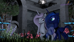 Size: 3840x2160 | Tagged: safe, artist:melodiousmarci, imported from derpibooru, fleur-de-lis, princess luna, alicorn, unicorn, 3d, flower, folded wings, garden, grass, looking at each other, looking at someone, moon, night, source filmmaker, talking, tree, walking, wings