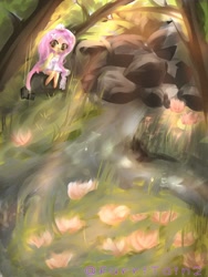 Size: 2304x3072 | Tagged: safe, artist:furritain2, imported from derpibooru, fluttershy, human, rabbit, equestria girls, animal, female, nature, outdoors, solo