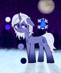 Size: 693x830 | Tagged: safe, artist:xxv4mp_g4z3rxx, imported from derpibooru, oc, oc only, oc:scarlet frost, unicorn, female, gem, horn, mare, moon, night, reference sheet, sapphire, snow, solo, stars, tree, unicorn oc