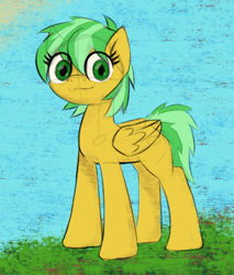 Size: 806x947 | Tagged: safe, artist:xxv4mp_g4z3rxx, imported from derpibooru, oc, oc only, pegasus, pony, female, grass, green eyes, mare, pegasus oc, sky, solo, sun