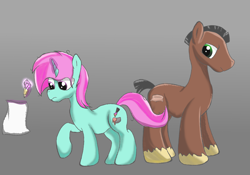 Size: 2000x1400 | Tagged: safe, artist:amateur-draw, imported from derpibooru, oc, oc only, oc:belle boue, oc:oak wood, earth pony, pony, unicorn, male, paper, pencil, simple background, stallion