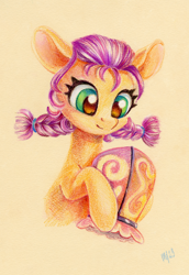 Size: 824x1200 | Tagged: safe, artist:maytee, imported from derpibooru, sunny starscout, earth pony, pony, braid, braided pigtails, colored pencil drawing, cute, daaaaaaaaaaaw, female, filly, filly sunny starscout, g5, hoof hold, lantern, paper lantern, pigtails, solo, sunnybetes, traditional art, twin braids, younger