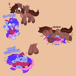 Size: 5000x5000 | Tagged: safe, artist:silvaqular, imported from derpibooru, oc, oc:autumn rosewood, oc:qular, pegasus, unicorn, belt, bow, clothes, flattened, flattening, fluffy, happy, hat, hug, outfit, shirt, skirt, squeezing, squished