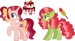 Size: 1815x984 | Tagged: safe, artist:strawberry-spritz, imported from derpibooru, earth pony, pony, unicorn, bow, female, hair bow, magical lesbian spawn, mare, offspring, parent:applejack, parent:pinkie pie, parent:rarity, parent:tree hugger, parents:rarijack, simple background, tail, tail bow, transparent background