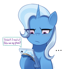 Size: 2154x1994 | Tagged: safe, artist:maren, imported from derpibooru, trixie, pony, unicorn, ..., :/, cellphone, female, frown, hoof hold, implied facehoof, implied lesbian, implied shipping, implied starlight glimmer, implied startrix, looking at something, looking down, magnetic hooves, mare, phone, simple background, smartphone, solo, text message, white background