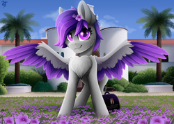 Size: 3500x2500 | Tagged: safe, artist:rainbowfire, imported from derpibooru, oc, oc only, pegasus, pony, chest fluff, cloud, cloudy, complex background, cute, female, flower, flower in hair, grin, jewelry, looking at you, mare, palm tree, purple eyes, sky, smiling, solo, spread wings, tree, united states, wings