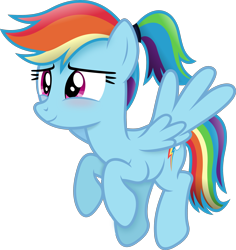 Size: 2590x2738 | Tagged: safe, artist:anime-equestria, imported from derpibooru, rainbow dash, pegasus, pony, alternate hairstyle, blushing, cute, female, flying, mare, ponytail, simple background, smiling, solo, spread wings, transparent background, vector, wings