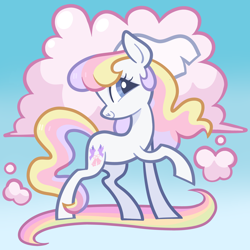 Size: 5000x5000 | Tagged: safe, artist:pilesofmiles, imported from derpibooru, dainty dove (g2), earth pony, pony, cloud, cloudy, g2, g2 to g4, g4, generation leap, gradient background, multicolored hair, multicolored mane, multicolored tail, rainbow, show accurate, solo, tail