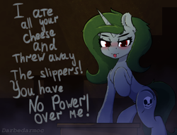 Size: 2816x2160 | Tagged: safe, artist:darbedarmoc, imported from derpibooru, oc, oc:minerva, pony, unicorn, :3, :p, blushing, determined, green mane, moral event horizon, raised hoof, rearing, red eyes, solo, standing, table, talking, talking to viewer, tongue out