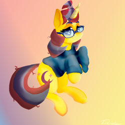 Size: 2000x2000 | Tagged: safe, artist:dankpegasista, derpibooru exclusive, imported from derpibooru, moondancer, pony, unicorn, abstract background, accessory, adorkable, bangs, clothes, colored, colored eyelashes, crescent moon, cute, dancerbetes, digital art, dork, ear fluff, eyebrows, female, floating, full body, full color, glasses, gradient background, hair tie, high res, krita, long tail, looking at you, mare, messy, messy tail, moon, pastel, png, purple eyes, raised hoof, red mane, shading, shy, shy smile, signature, smiling, smiling at you, solo, sweater, tail, tied hair, tricolor mane, upright, yellow fur